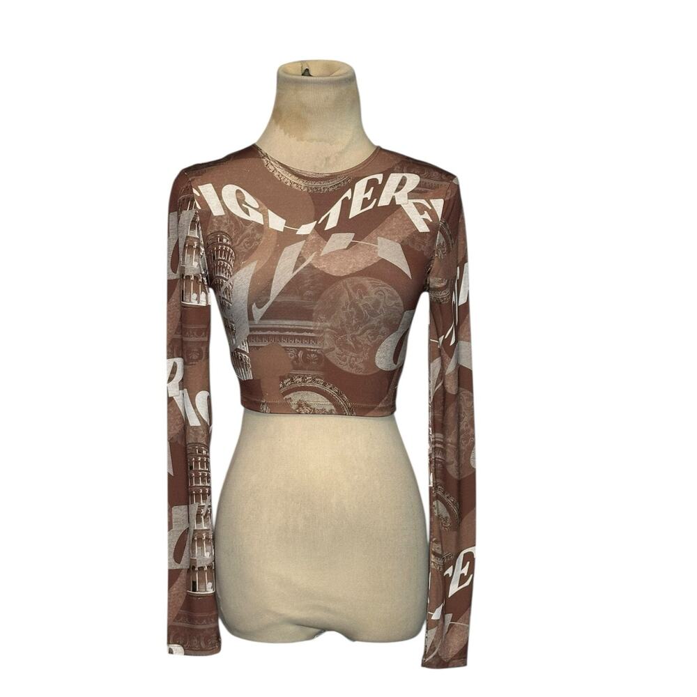 As You brown cream word print mesh Long sleeves crop top size 0